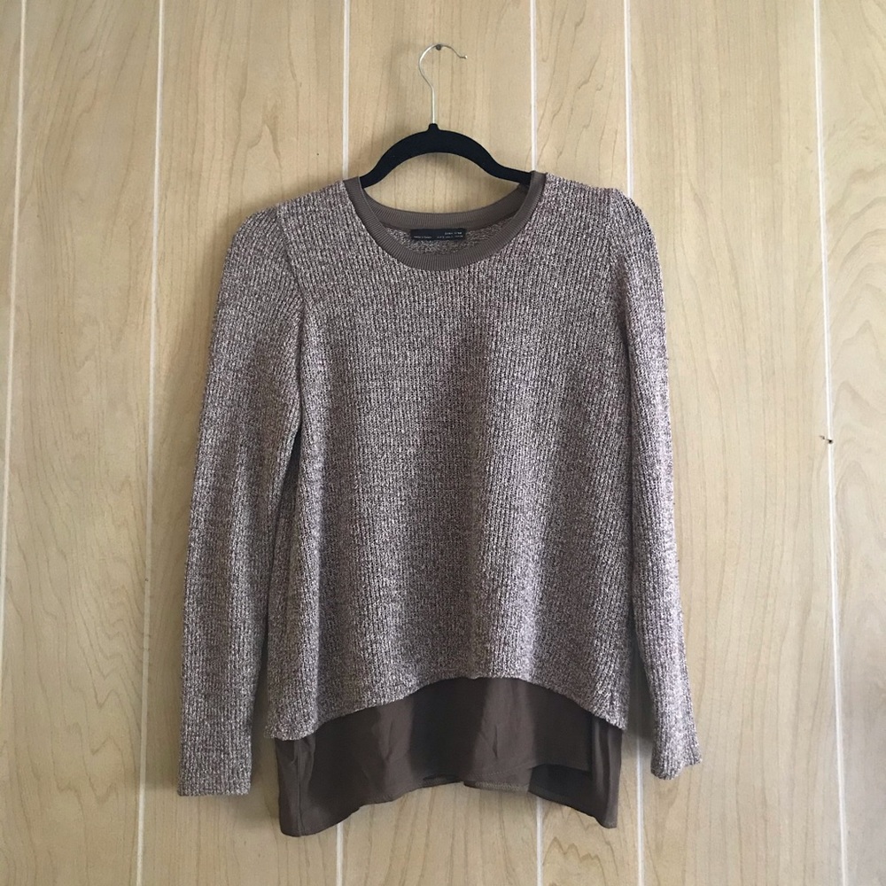 ZARA W&B Collection Women's Small Brown Layered Sheer Hem Blouse Sweater